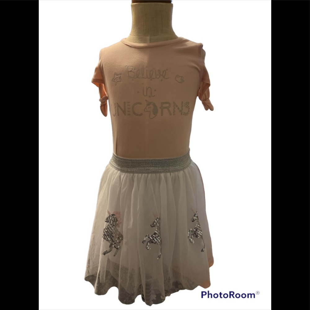 Btween girls dress size 6 light pink top with lined skirt with tule w/ unicorns
